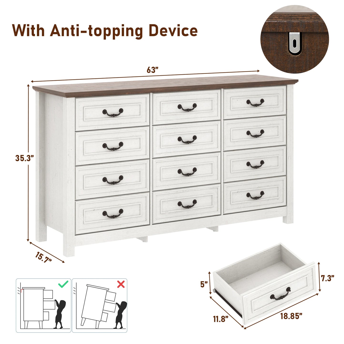 Large Dresser with 12 Drawers Modern Wood Storage Cabinet for Bedroom 63 Inch Clothes Organizer