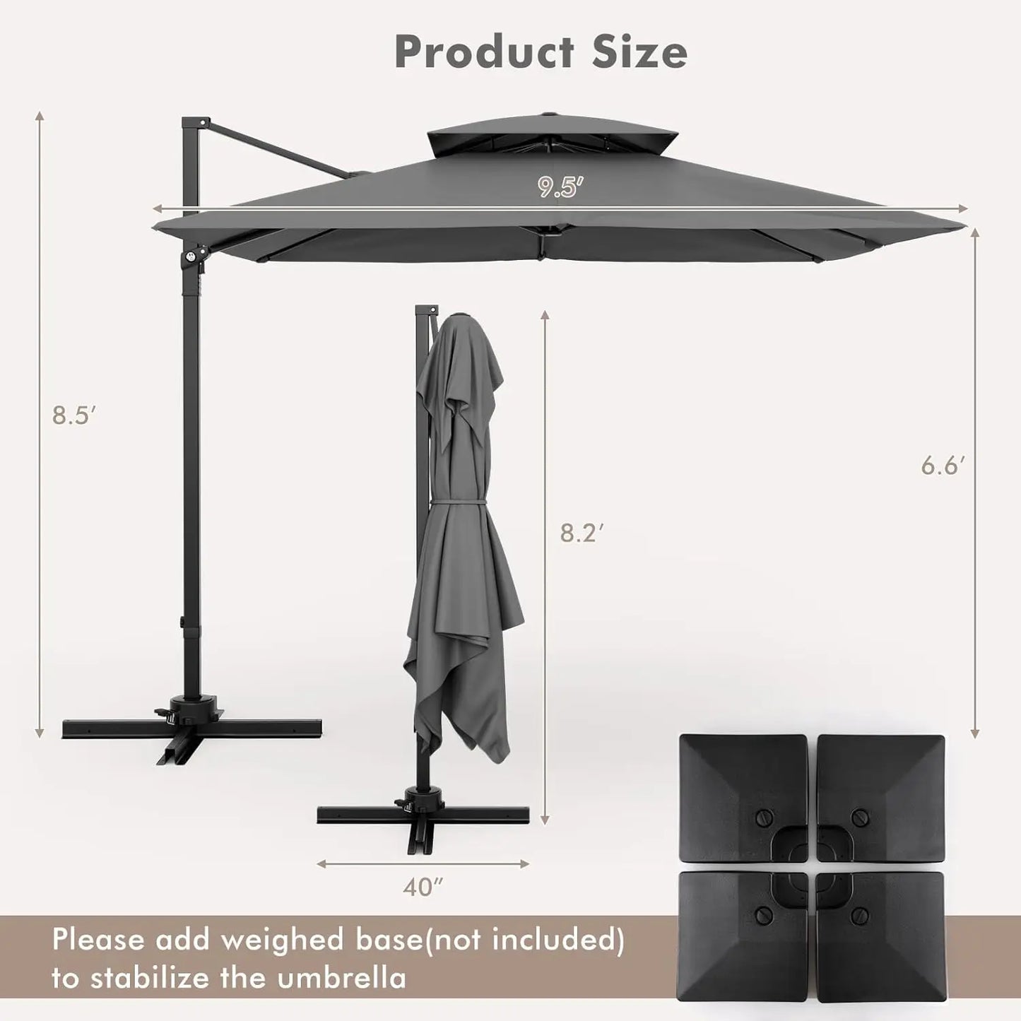 9.5 FT Cantilever Patio Umbrella Outdoor Square Offset Umbrella with 360 Degree Rotation Heavy Duty Hanging Umbrella