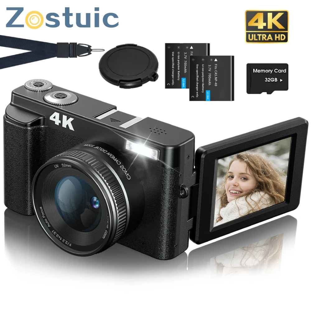 Zostuic 4K Digital Camera Autofocus 48MP Vlogging Camera with 3 Inch 180 Degree Flip Screen 16X Digital Zoom