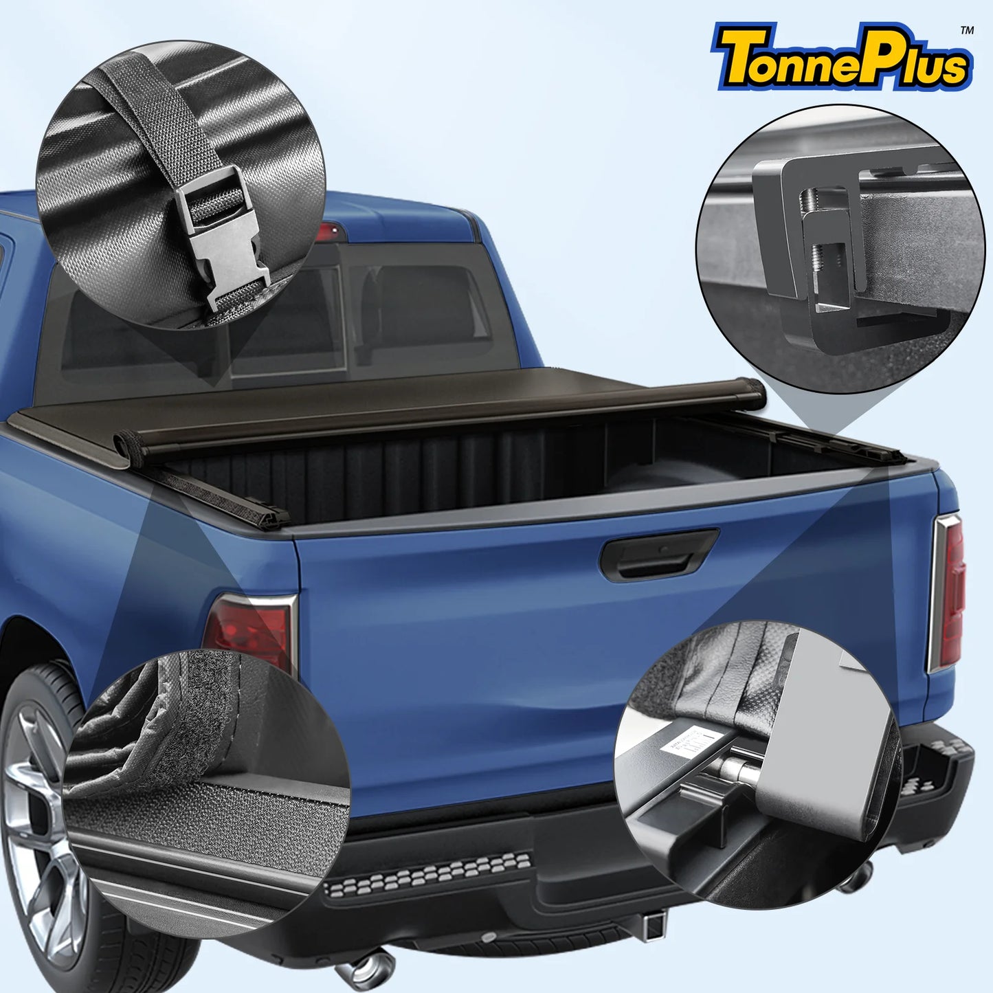 TonnePlus Soft Roll Up Tonneau Cover Truck Bed Covers for 2022 to 2024 Ford Maverick 4.6 Foot Bed with Lamp Lightning