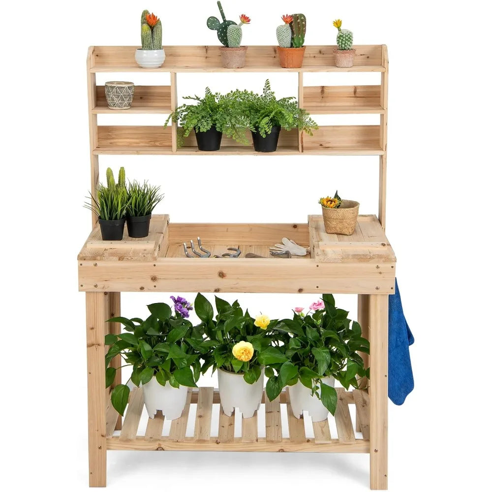 Potting Bench Wood Workbench With Storage Flip Up Tabletop Shelves And Hooks