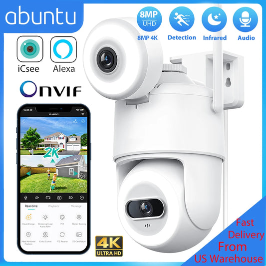 8MP 4K Dual Lens Wifi Security Camera with Dual Screens and Night Vision Two Way Audio US Plug Outdoor Home Surveillance Camera