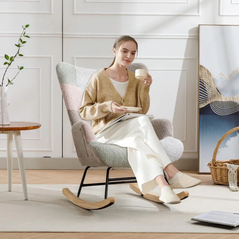 Nursery Rocking Chair Teddy Upholstered Glider Rocker Accent Chair with High Backrest Comfy Side Chair