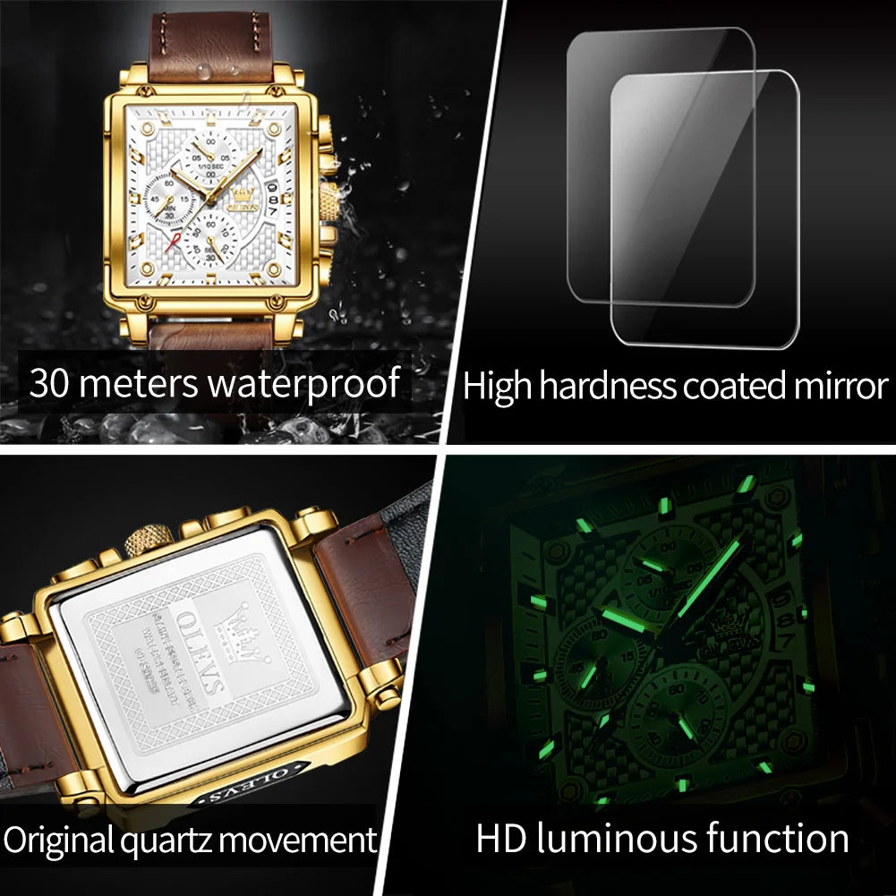 OLEVS Men Quartz Chronograph Watch Waterproof Leather Band Rectangle Case