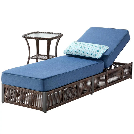 2 Piece Outdoor High Back Chaise Lounge Side Table Set Brown Wicker Cushions