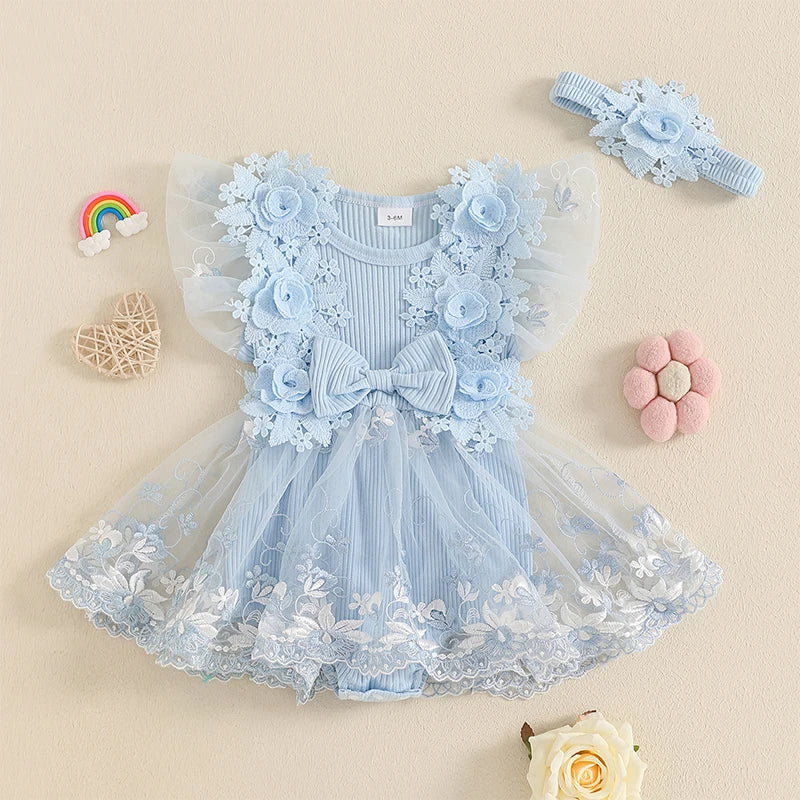 Infant Girls Floral Embroidered Romper With Headband