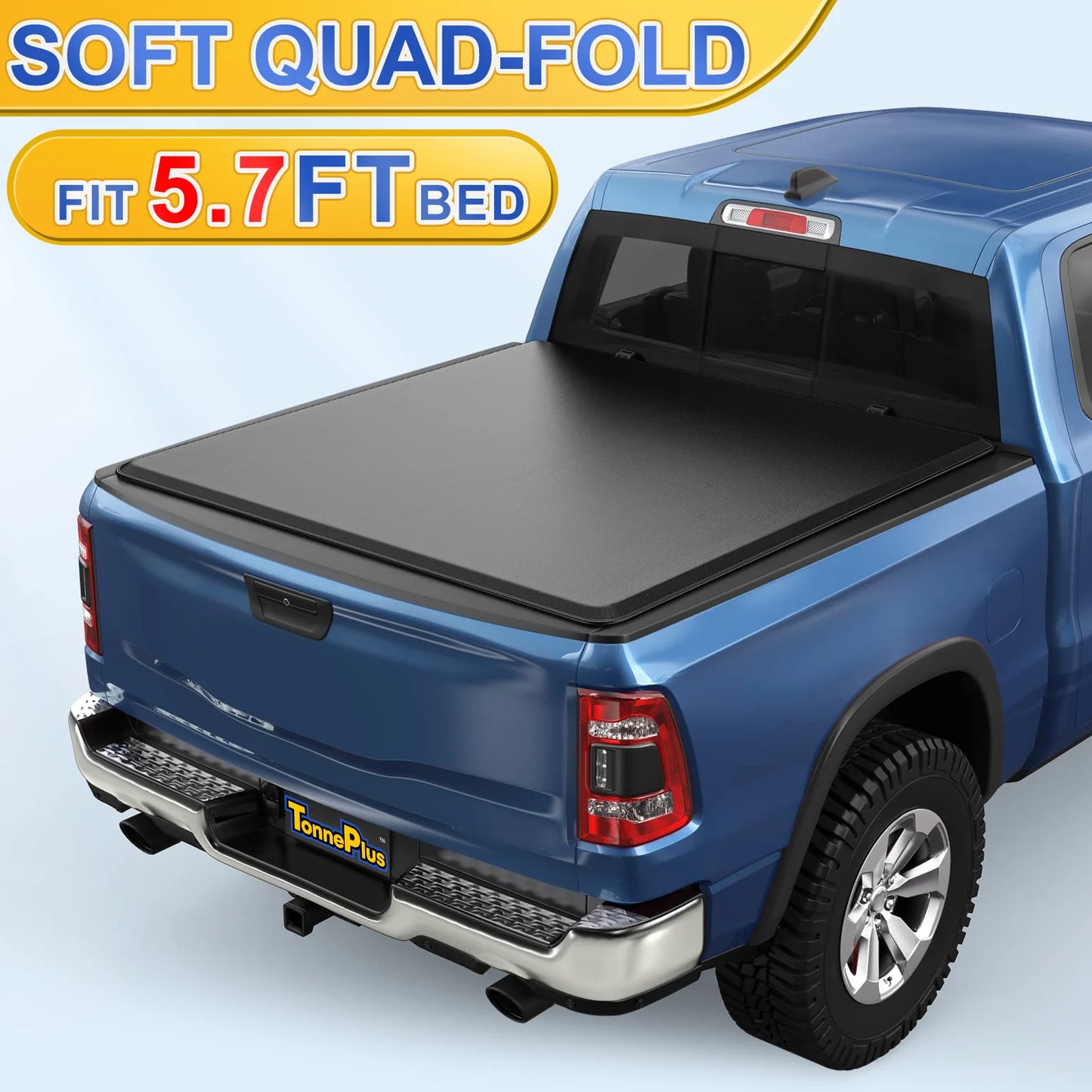 TonnePlus Soft Quad-Fold Tonneau Cover for 2009-2024 Ram 1500 5.7 Foot Bed Without RamBox