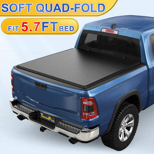 TonnePlus Soft Quad-Fold Tonneau Cover for 2009-2024 Ram 1500 5.7 Foot Bed Without RamBox
