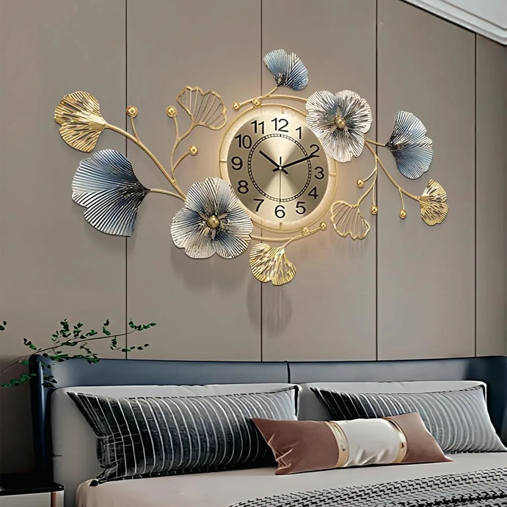 Large Metal Wall Clock with LED Light Silent Creative Decorative 3D Ginkgo 33.6 x 20 Inch