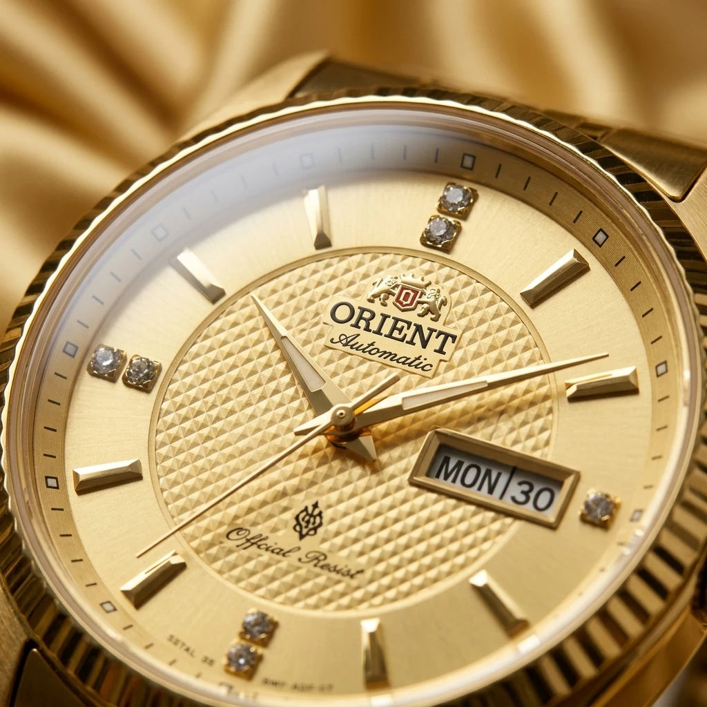 Orient Men's Business Automatic Mechanical Watch Dual Calendar Week Display Crystal Hour Markers Stainless Steel Band Wristwatch