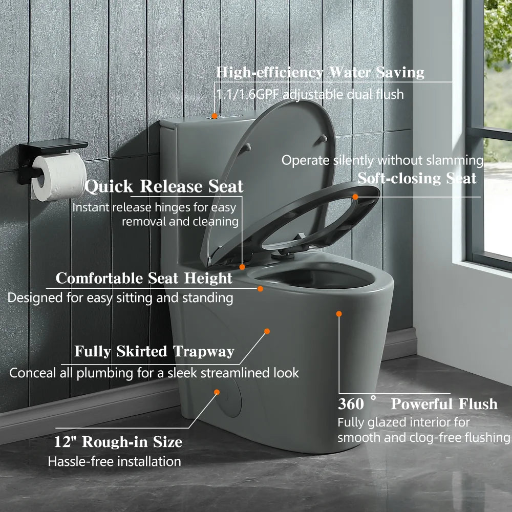 1.1/1.60 GPF Dual Flush One Piece Toilet Water Saving Elongated Comfort Height Floor Mounted Soft Close 1000 Gram Map