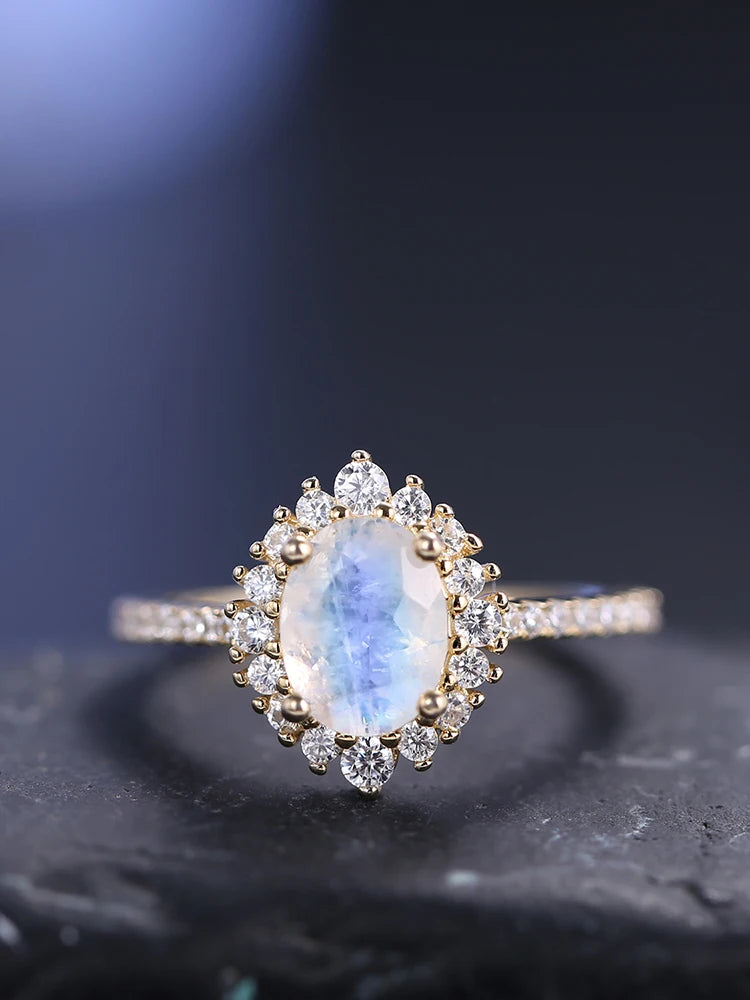 GEM'S BALLET Women's Gold Ring Natural Milky Blue Moonstone Cluster Halo Engagement Rings in 925 Sterling Silver Gift For Her