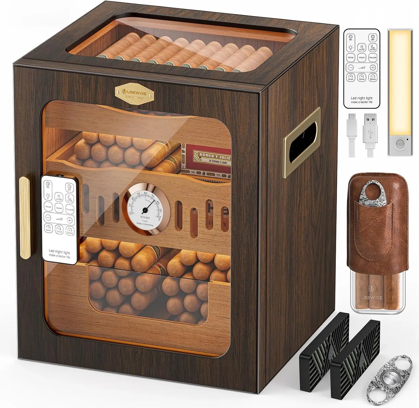 Walnut Cigar Humidor Cabinet LED Lighting Remote Hygrometer Case And Cutter