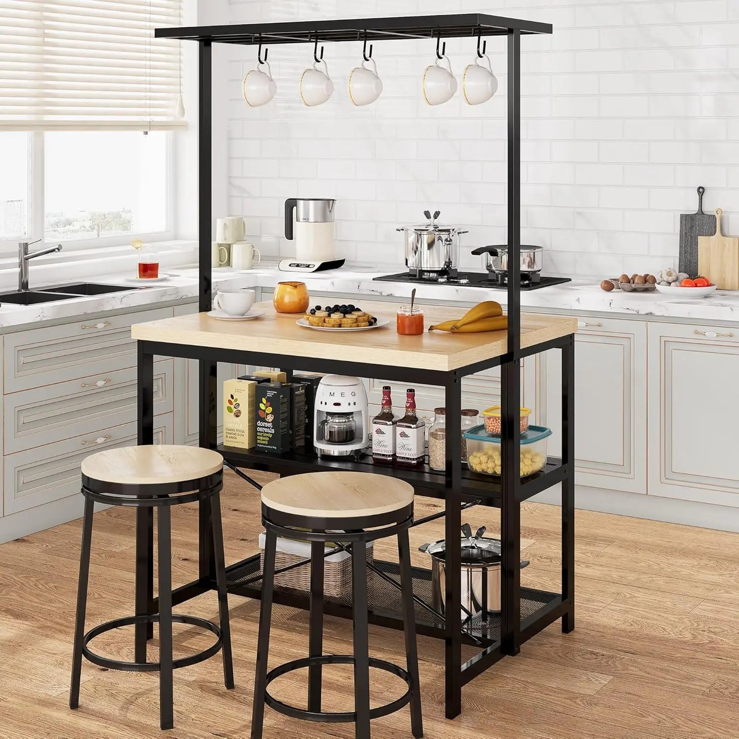 Kitchen Island with Storage Bakers Rack with Power Outlet Microwave Stand Oven Shelf Bar Table