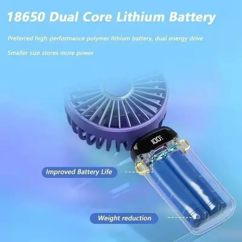 1800mAh Handheld Mini Fan Foldable Portable Neck Hanging Fans 5 Speed USB Rechargeable Fan with Phone Stand and Display Screen