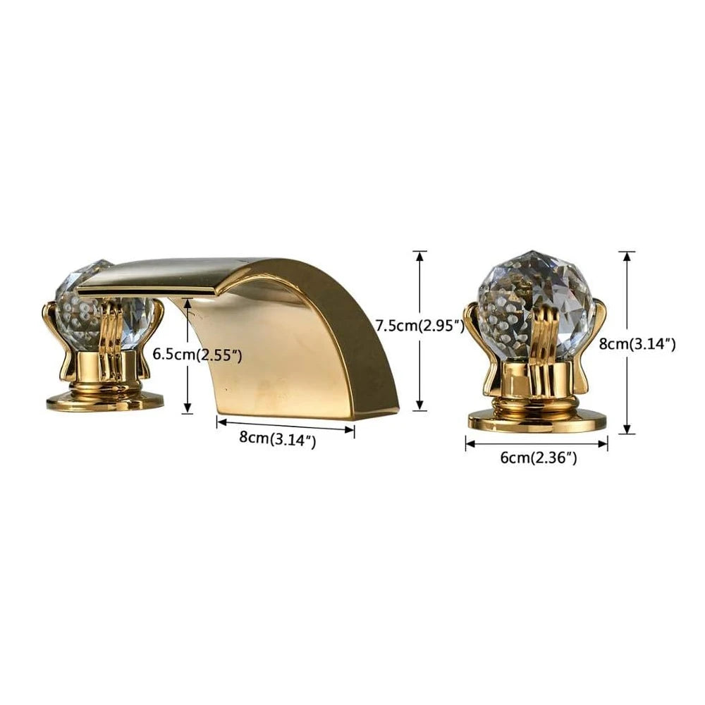 LED Widespread Bathroom Faucet Waterfall Gold Polished 3 Holes Deck Mounted