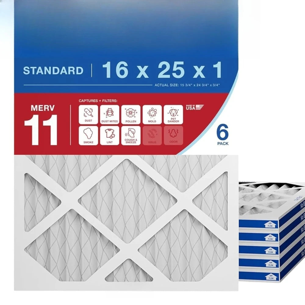 6 Pack 16x25x1 MERV 11 HVAC Air Filters For Allergies Dust Pet Dander Smoke