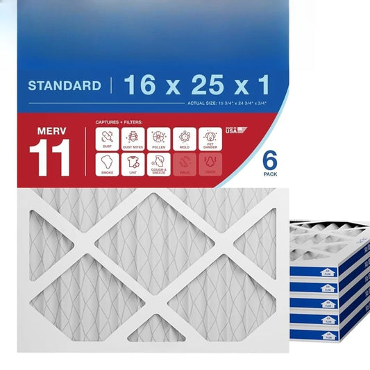 6 Pack 16x25x1 MERV 11 HVAC Air Filters For Allergies Dust Pet Dander Smoke