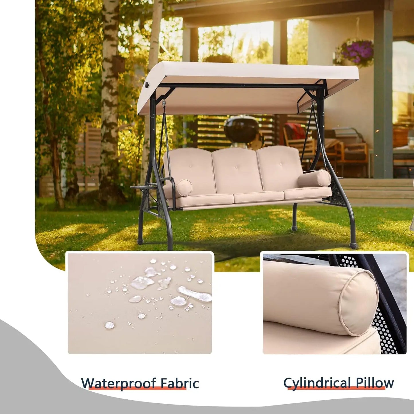 Three Seat Outdoor Porch Swing With Adjustable Canopy And Foldable Side Cushions