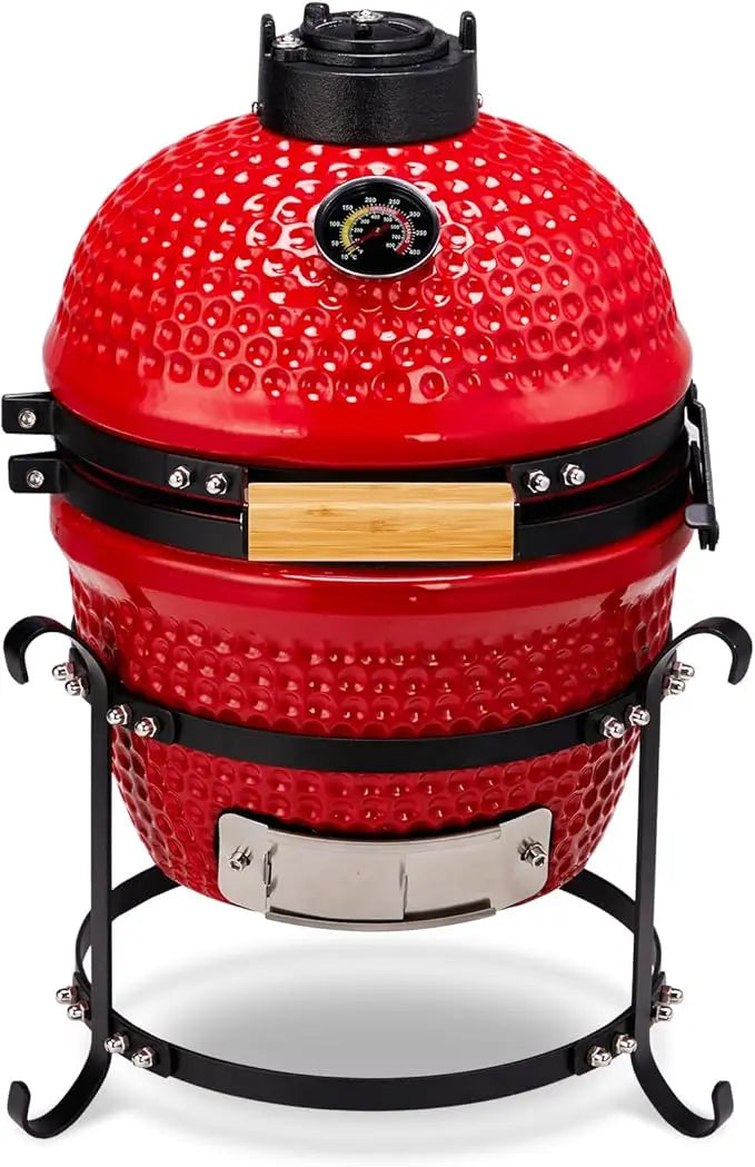 13" Round Kamado Charcoal Grill, Portable Ceramic Barbecue Grill With Thermometer For Variations On Cooking Methods(Red)