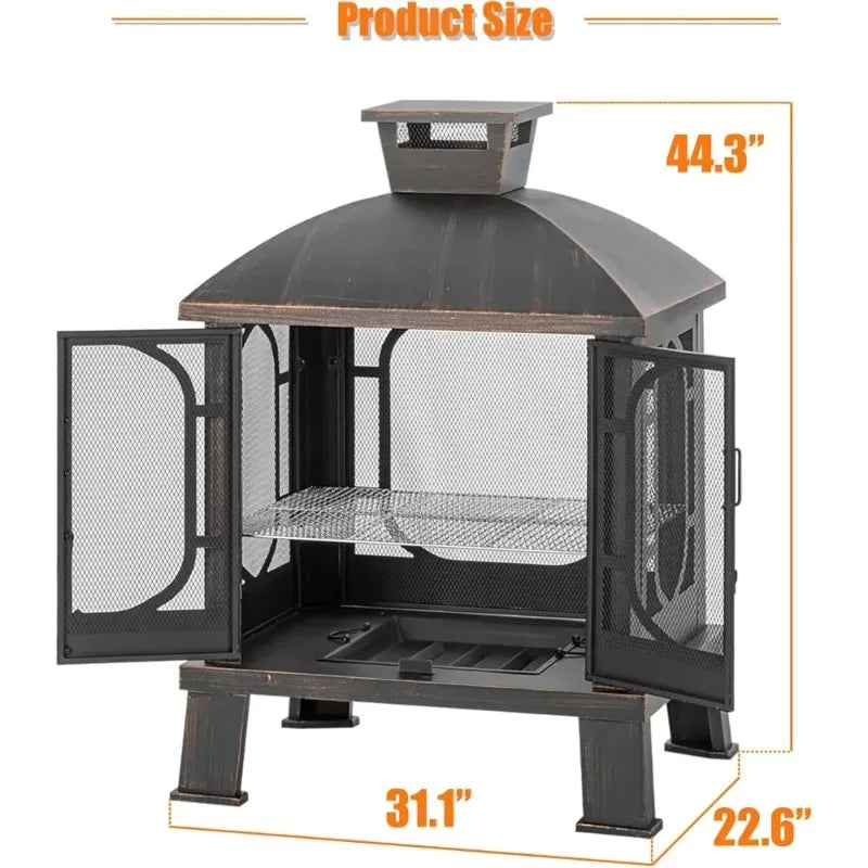 Square Chimineas Fireplace with Mesh Screen Metal Fire Pit with Grill Wood Burning Fire Pits for Outside