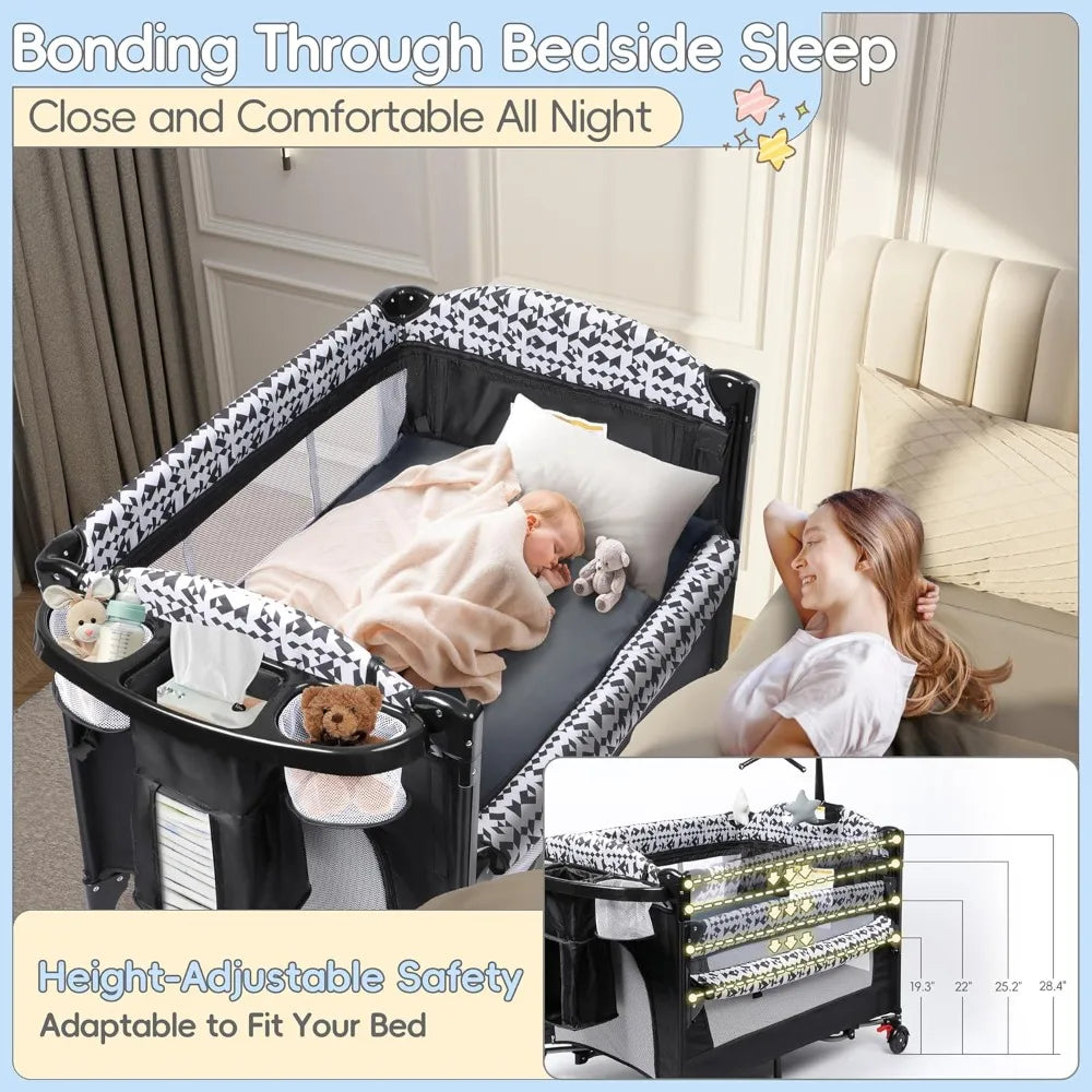 5 In 1 Pack And Play Baby Bassinet Bedside Sleeper With Diaper Changer Storage Bag And Music Box Portable Baby Crib