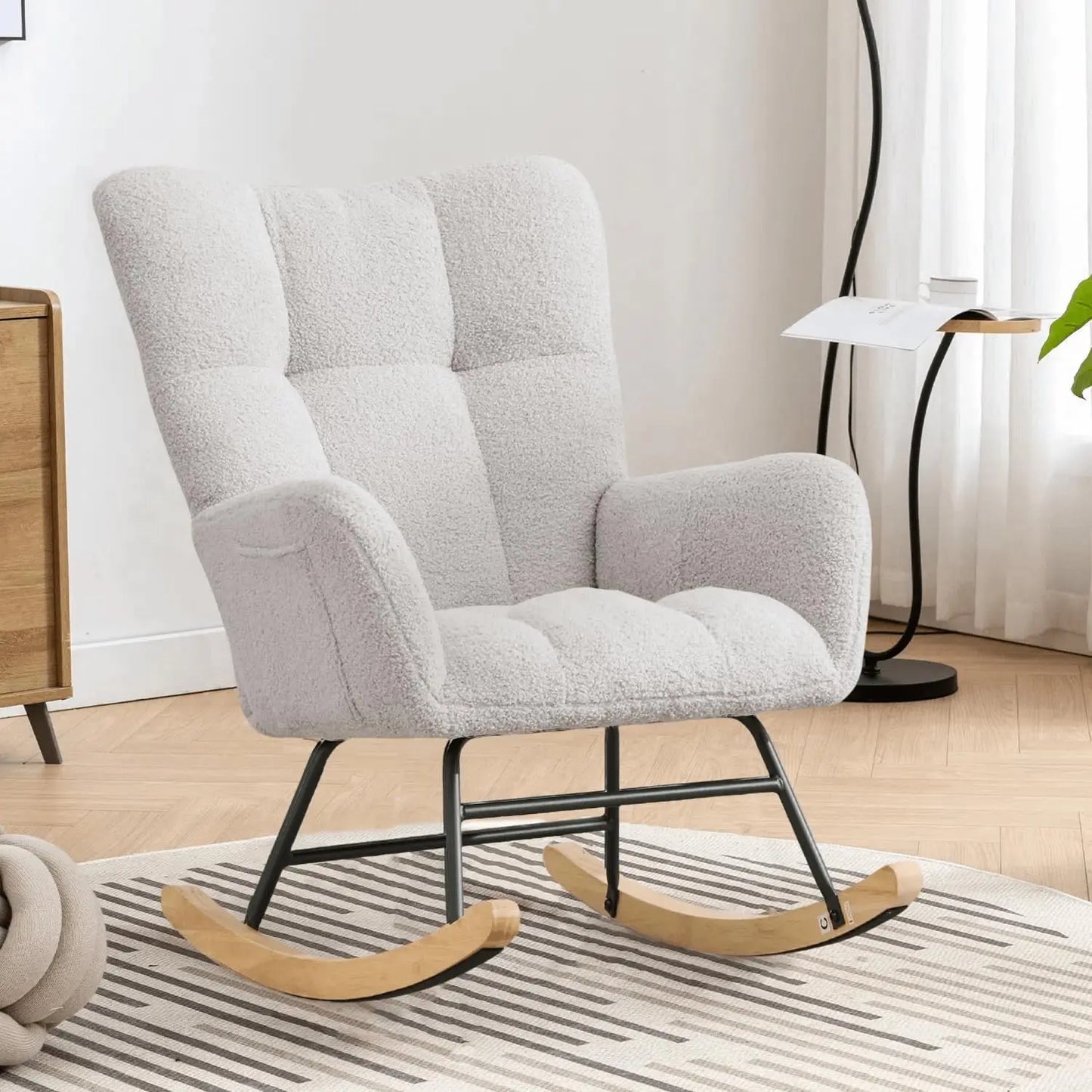 Nursery Rocking Chair Teddy Upholstered Glider Rocker Accent Chair with High Backrest Comfy Side Chair