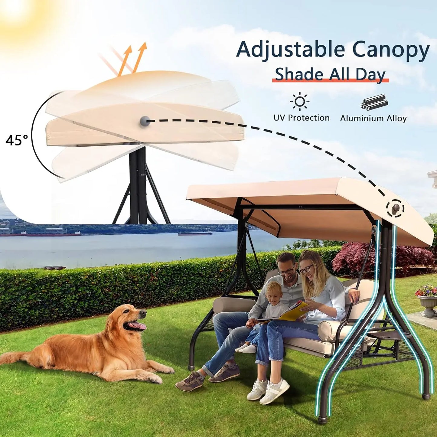 Three Seat Outdoor Porch Swing With Adjustable Canopy And Foldable Side Cushions