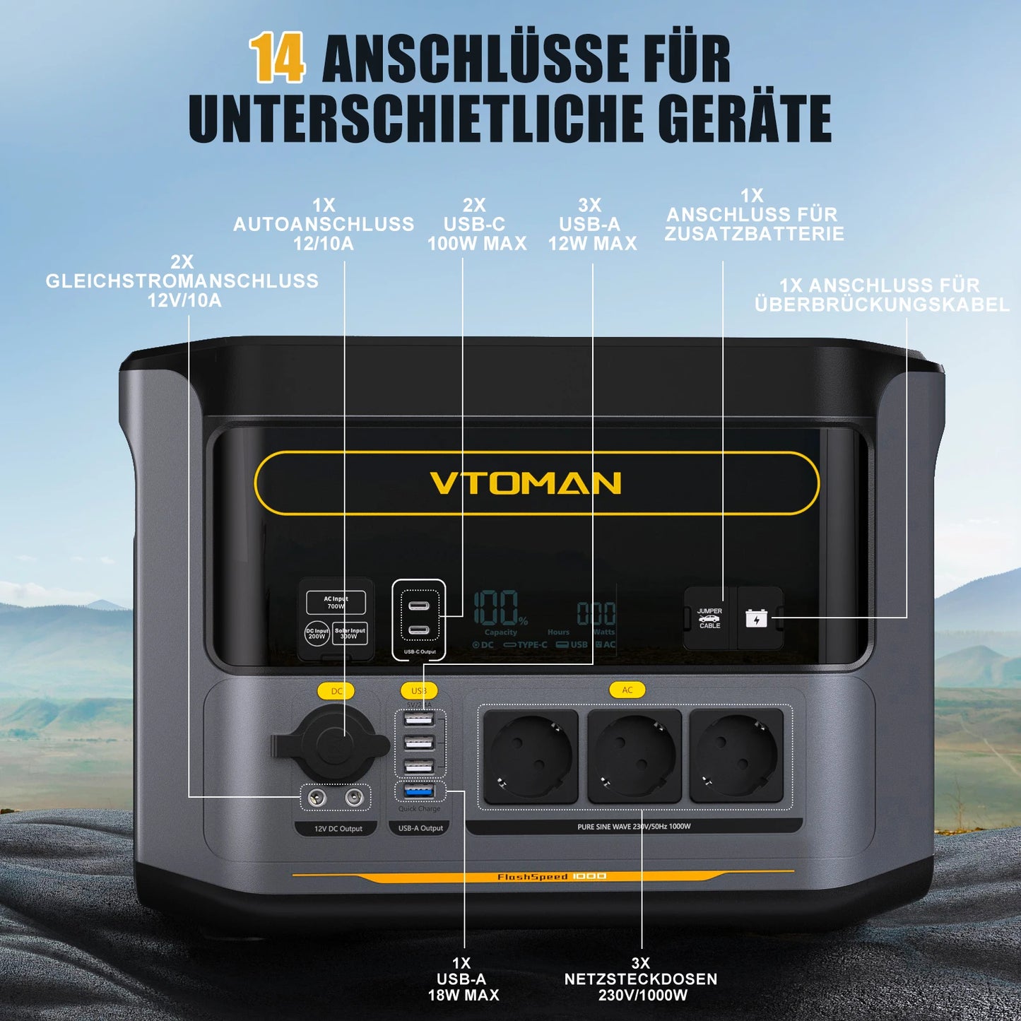 VTOman FlashSpeed 1000 Portable Power Station 2000W 828Wh LiFePO4 Battery for Outdoor Camping Travel