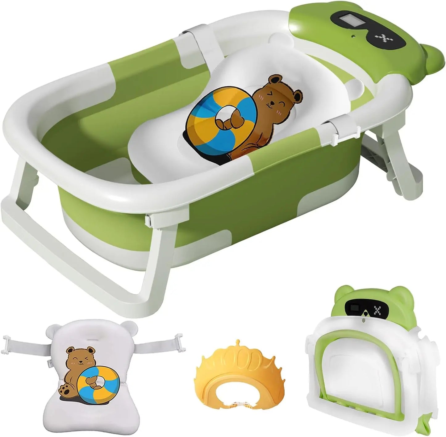Baby Bathtub with Real Time Temperature Display Non Slip Foldable Tub and Cushion Support for Shower