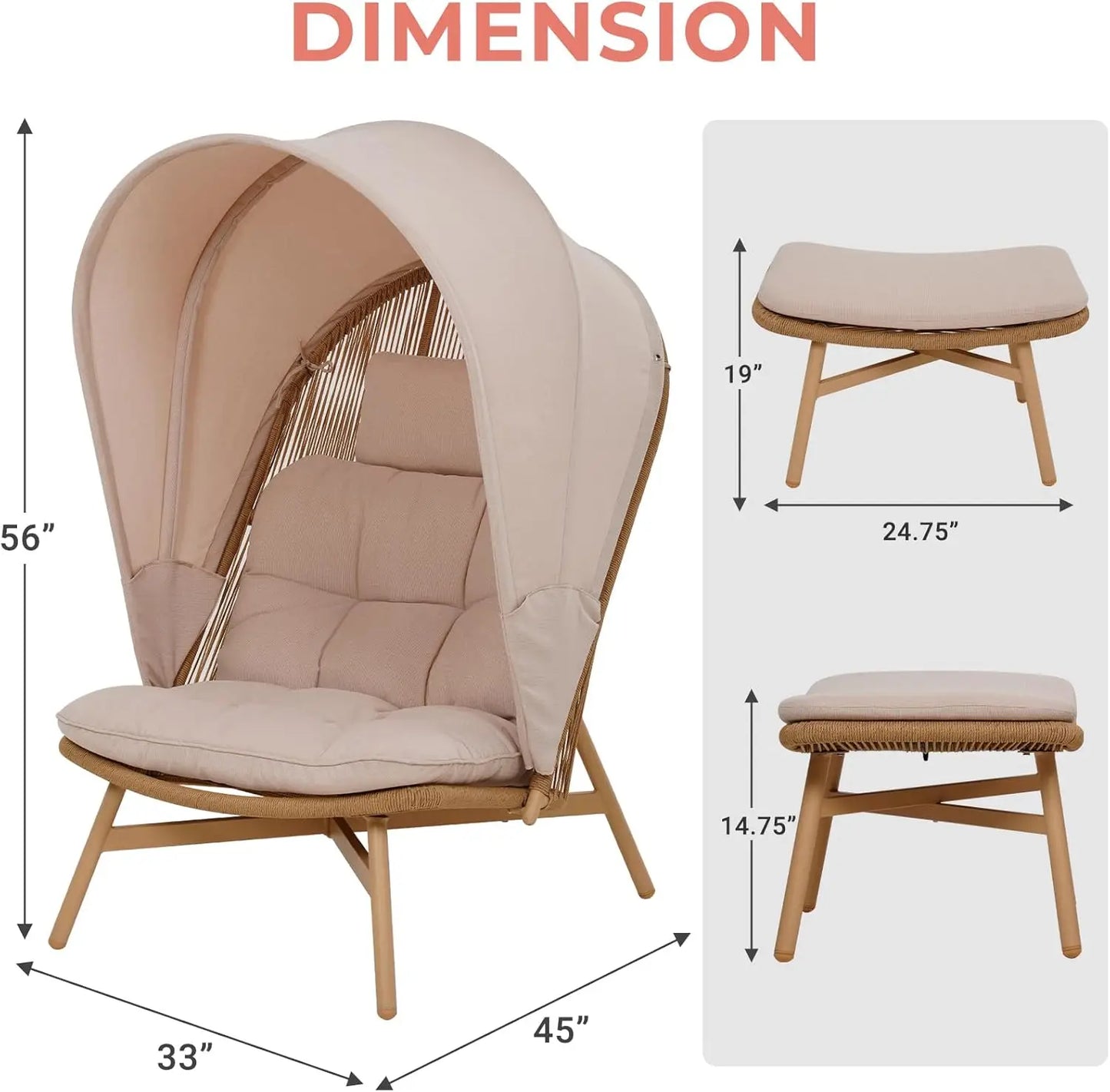 Wicker Folding Egg Chair with Ottoman Boho Oversize Lounge Chair Beige Open Weave Wicker Sun Shade for Patio