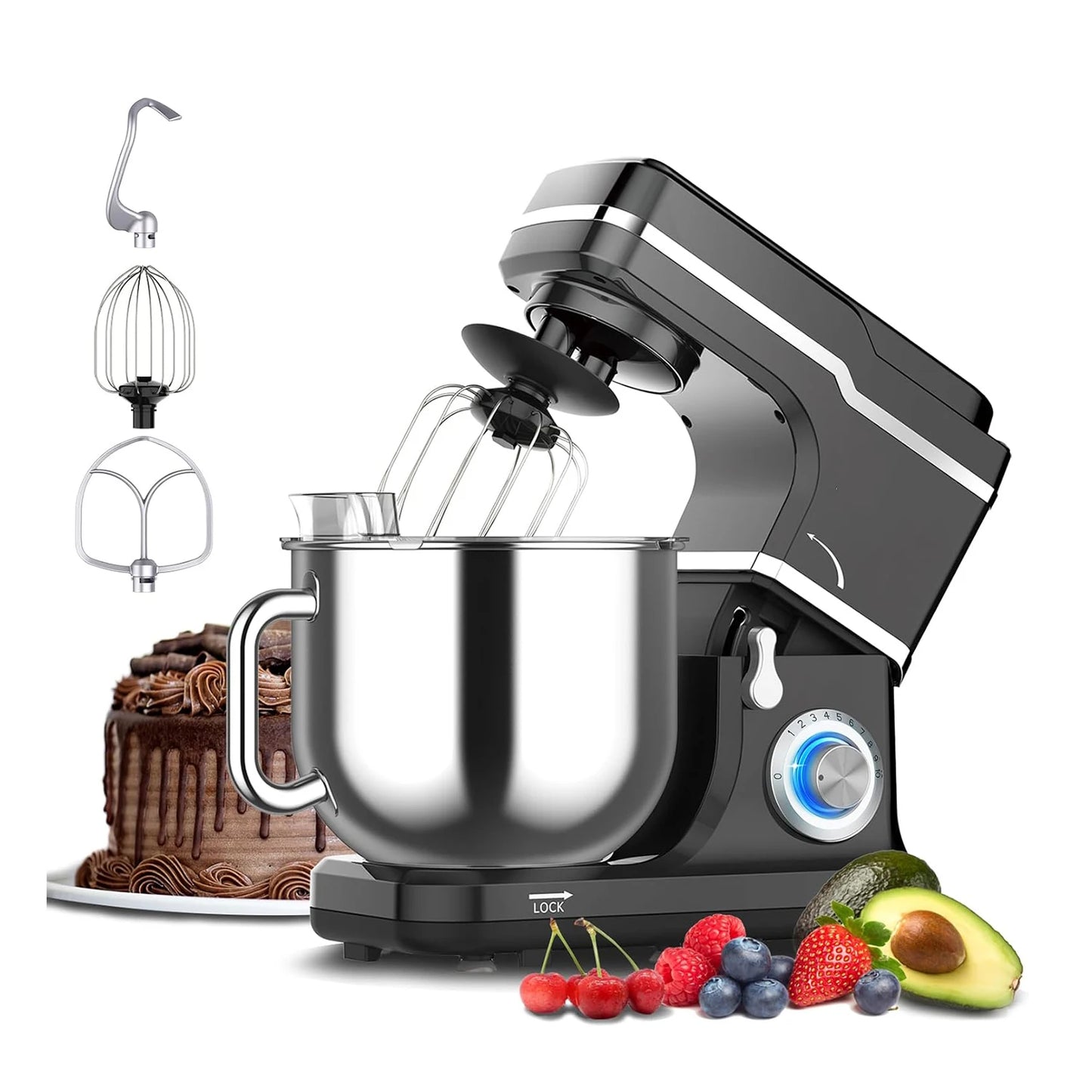 Electric Food Mixer 7.5QT 600W 10 Speed Tilt Head Stand Mixer with Stainless Steel Bowl 3 in 1 Kitchen Countertop Mixer
