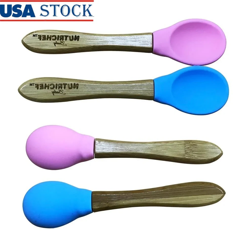 2 Piece Baby Toddler Spoon Set Bamboo Silicone BPA Free