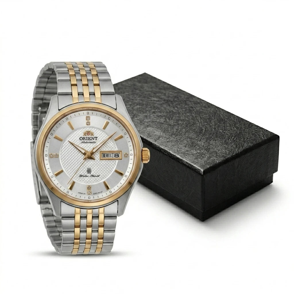 Orient Men's Business Automatic Mechanical Watch Dual Calendar Week Display Crystal Hour Markers Stainless Steel Band Wristwatch
