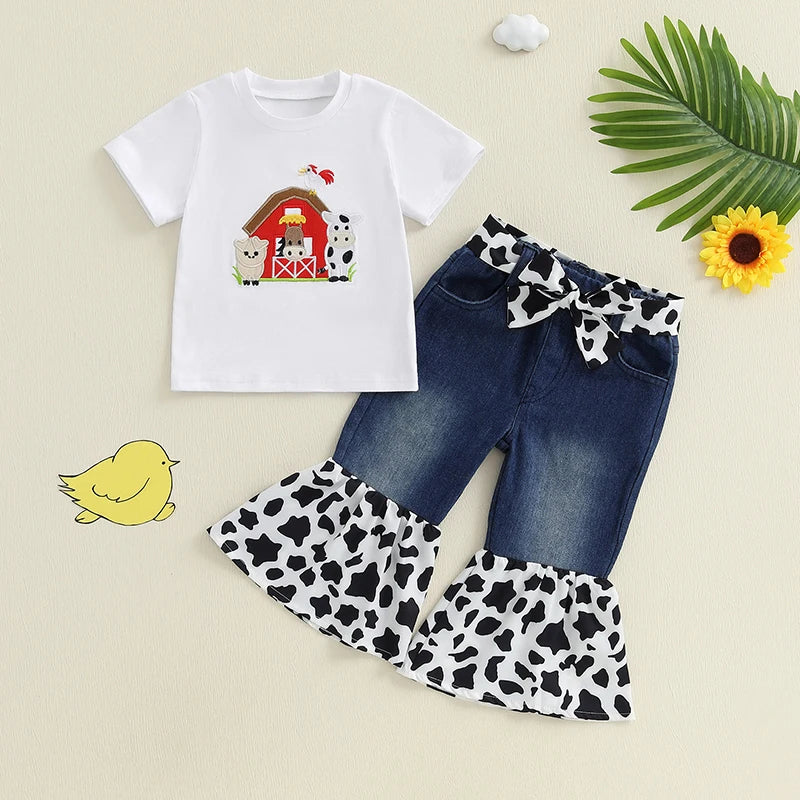 Baby Girl Farm Piglet Embroidery Denim Set With Headband