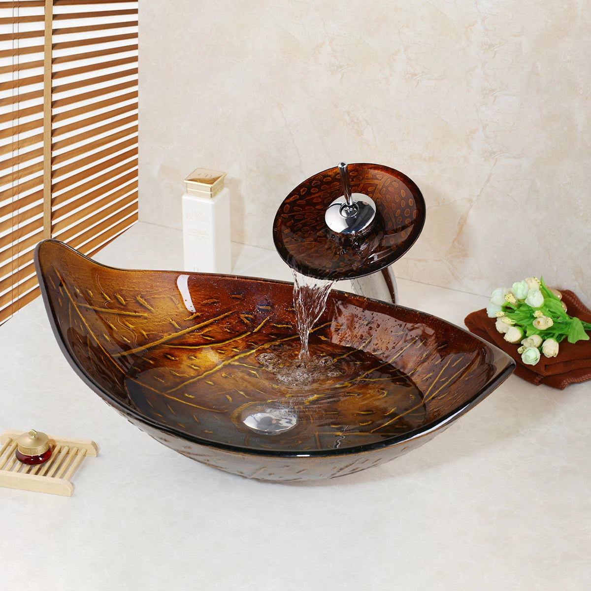 ZAPPO Brown Leaf Tempered Glass Vessel Sink With Faucet Mixer Tap
