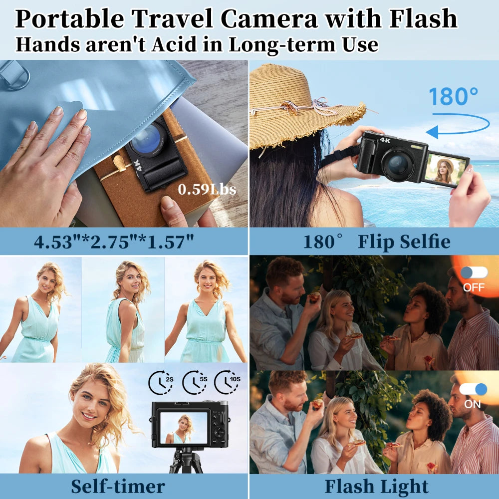 Zostuic 4K Digital Camera Autofocus 48MP Vlogging Camera with 3 Inch 180 Degree Flip Screen 16X Digital Zoom