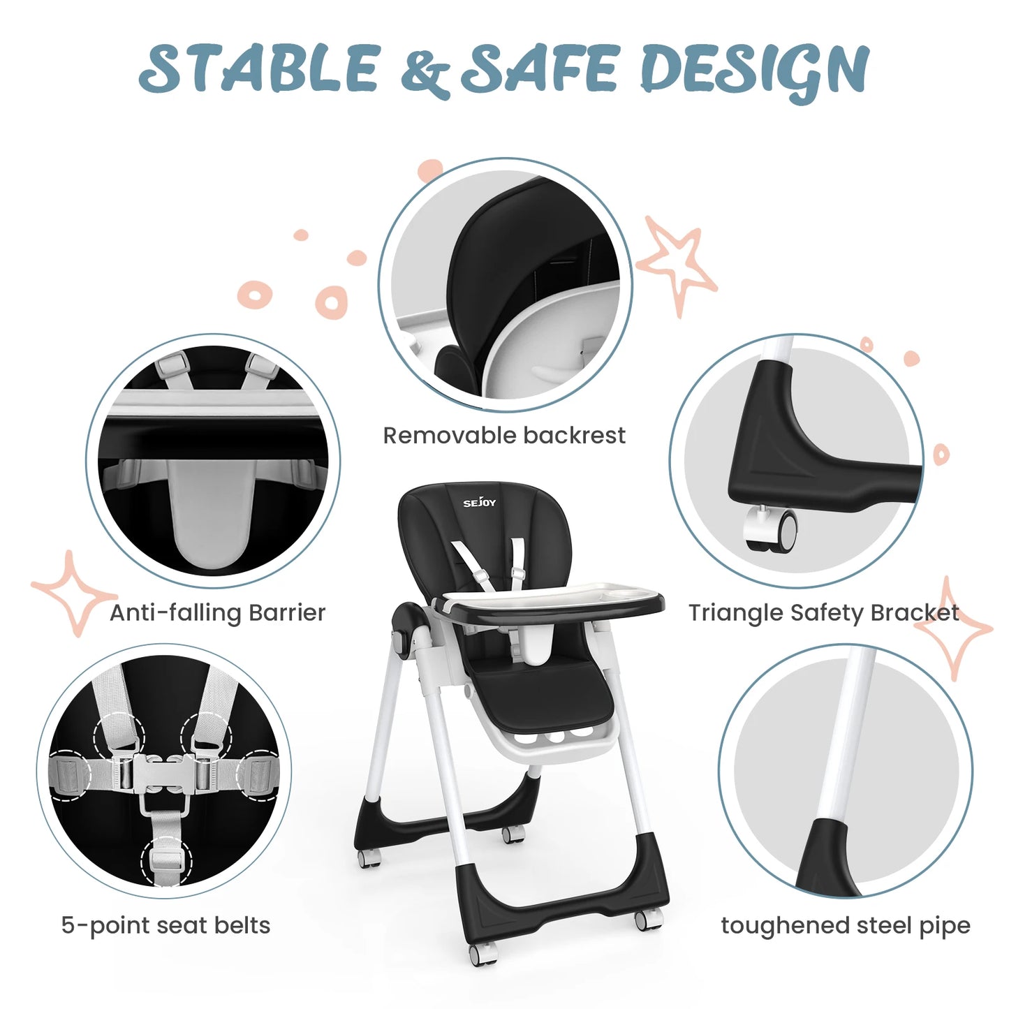 Sejoy Baby High Chair Infants Folding Convertible Removable Tray Adjustable Seat