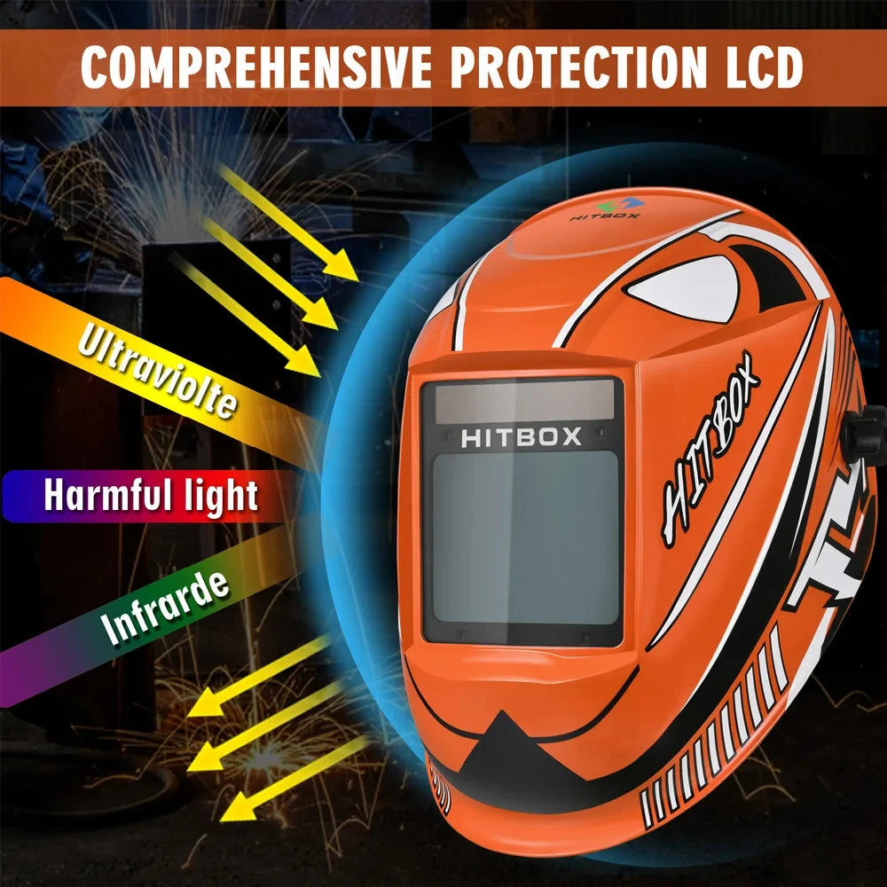 HITBOX HB555 Welding Helmet Auto Darkening 3.9x3.1 inch Large Viewing Welding Hood True Color Solar Battery Powered Welder Mask