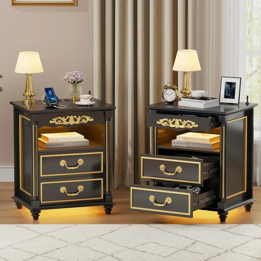 Set of 2 Nightstand with Gun Drawer Charging Bedside Table with USB and Type-C Port Retro Design with Human Sensor Light