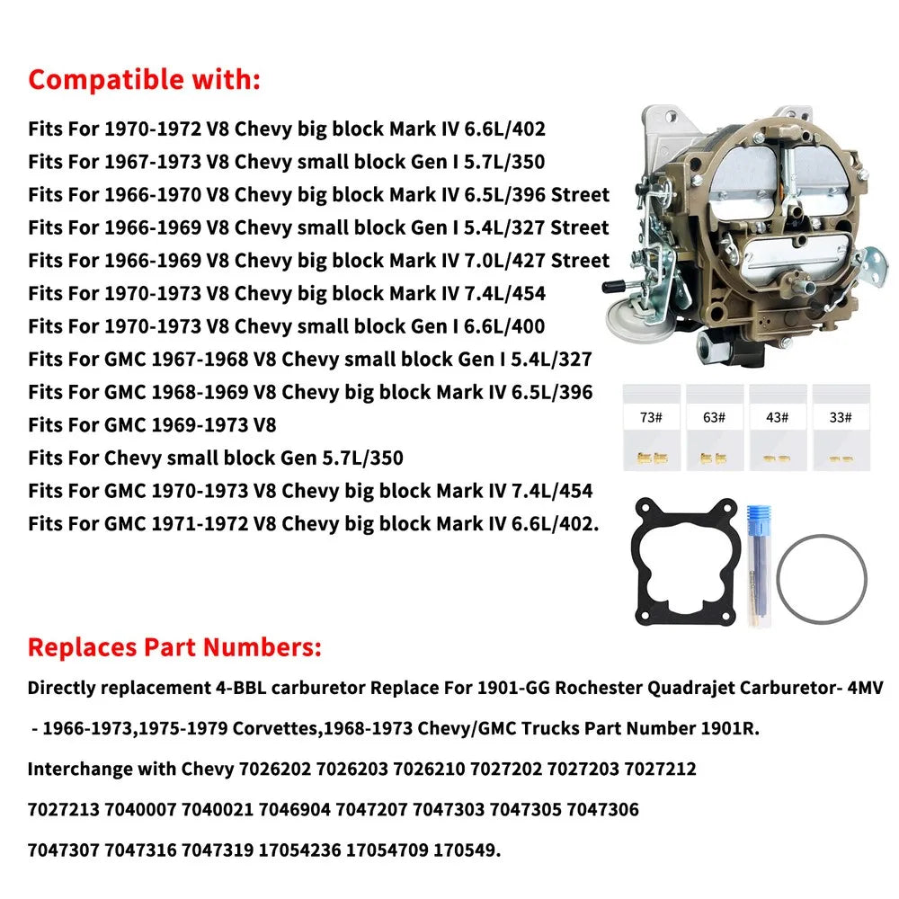 Rochester Quadrajet Carburetor 4 Barrel for Chevy GMC 327 350 396 427 Manual CK 7026202 7026203