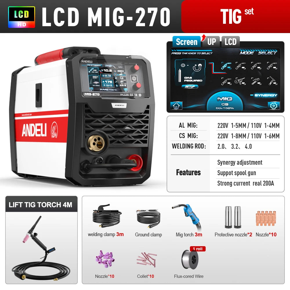 Andeli 200A Semi Automatic Welding Machine MIG TIG MMA Inverter Welder Spool Gun Compatible