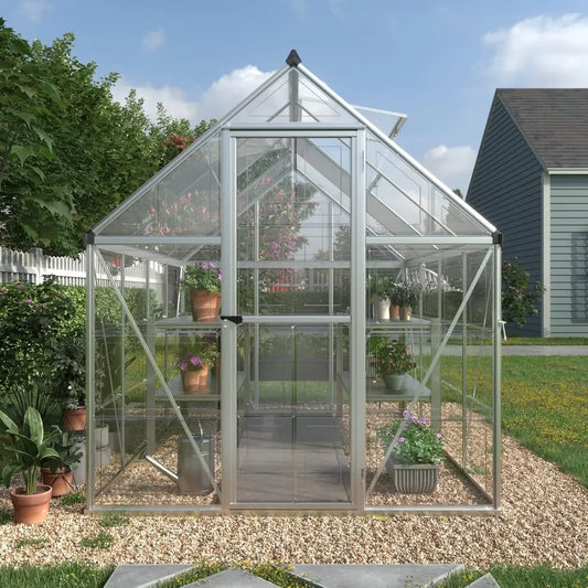6x8 FT Hybrid Polycarbonate Greenhouse with Vent Windows and Lockable Hinged Door Walk-In Hobby Greenhouse