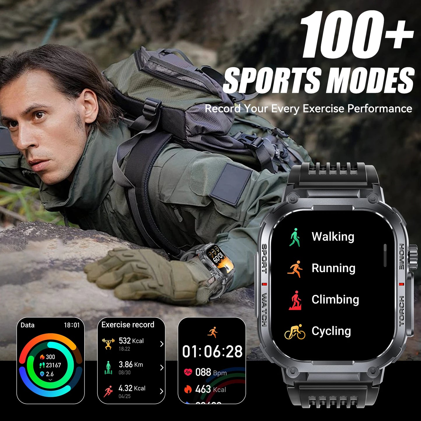 EIGIIS 2024 New Smart Watch Men 3ATM Waterproof 2.02 Inch S320B with Compass and LED Flashlight Sports Fitness Tracking Heart Rate