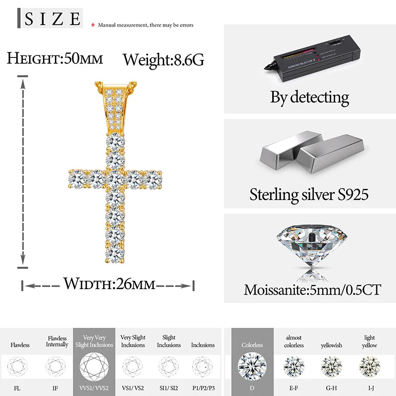 Religion Men Necklace 5mm VVS1 D Color Moissanite Cross Pendant 925 Sterling Silver 18K White Gold