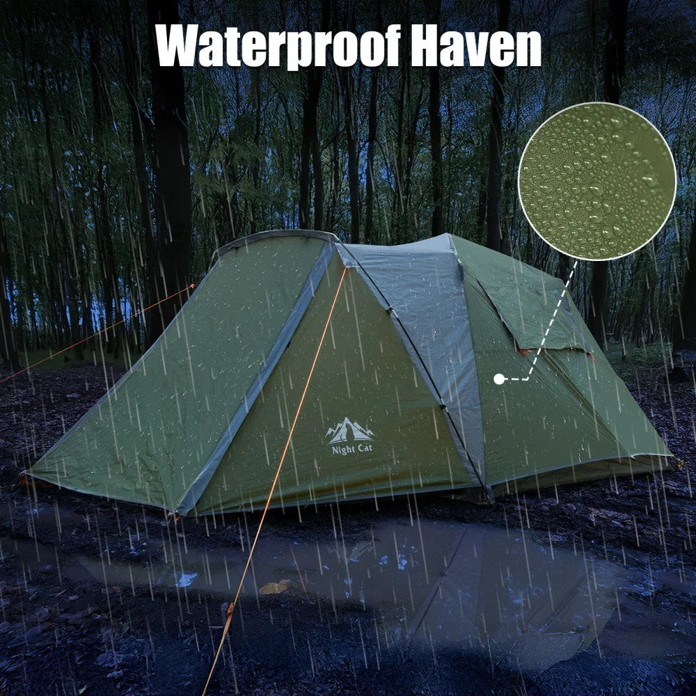 Night Cat Cabin Tent with Vestibule: 2-4 Persons Pop Up Camping Tent Double Layers Easy Quick Setup Waterproof  Instant Set Up Tent