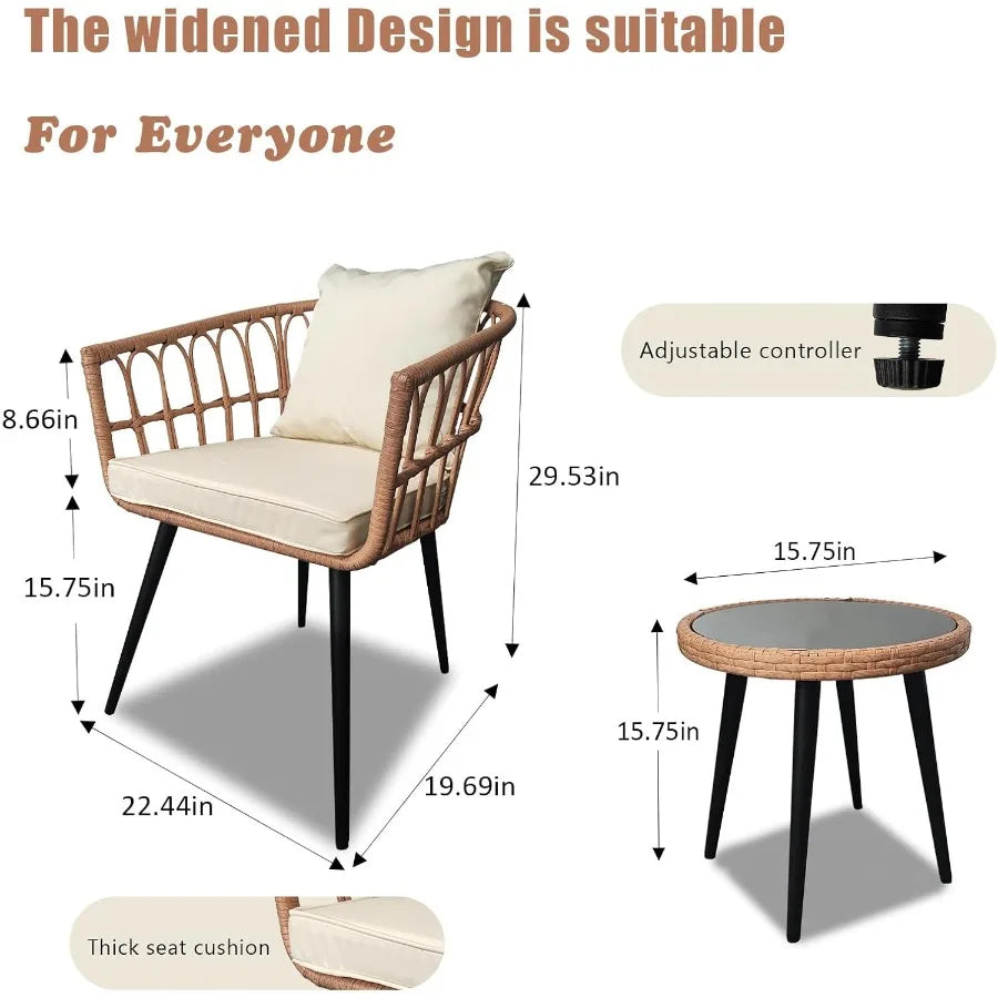 3 Piece Patio Bistro Set Outdoor Rattan With Glass Table