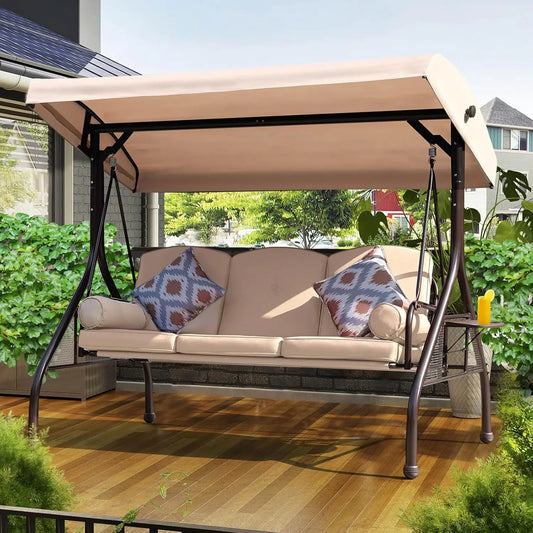 Three Seat Outdoor Porch Swing With Adjustable Canopy And Foldable Side Cushions
