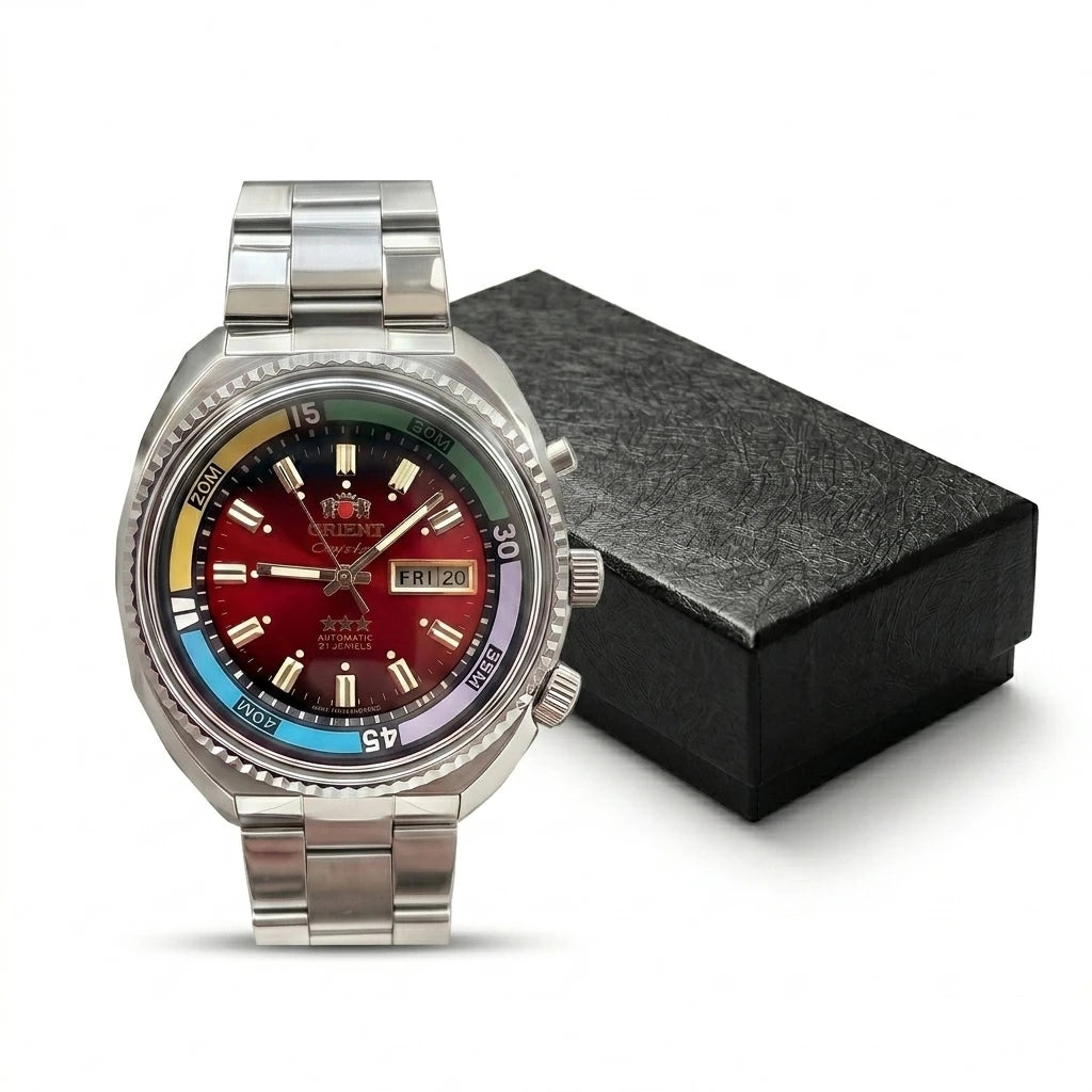 ORIENT Retro World Timer Automatic Watch 21 Jewels Day Date Luminous Stainless Steel Men Mechanical Wristwatch