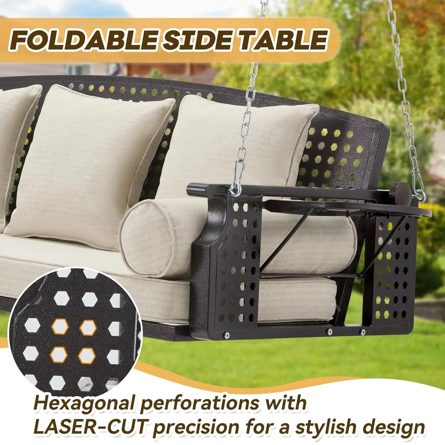 3 Seat Porch Swing With Cup Holders And Back Cushions For Deck Garden